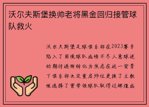 沃尔夫斯堡换帅老将黑金回归接管球队救火 沃尔夫斯堡换帅老将黑金回归接管球队救火